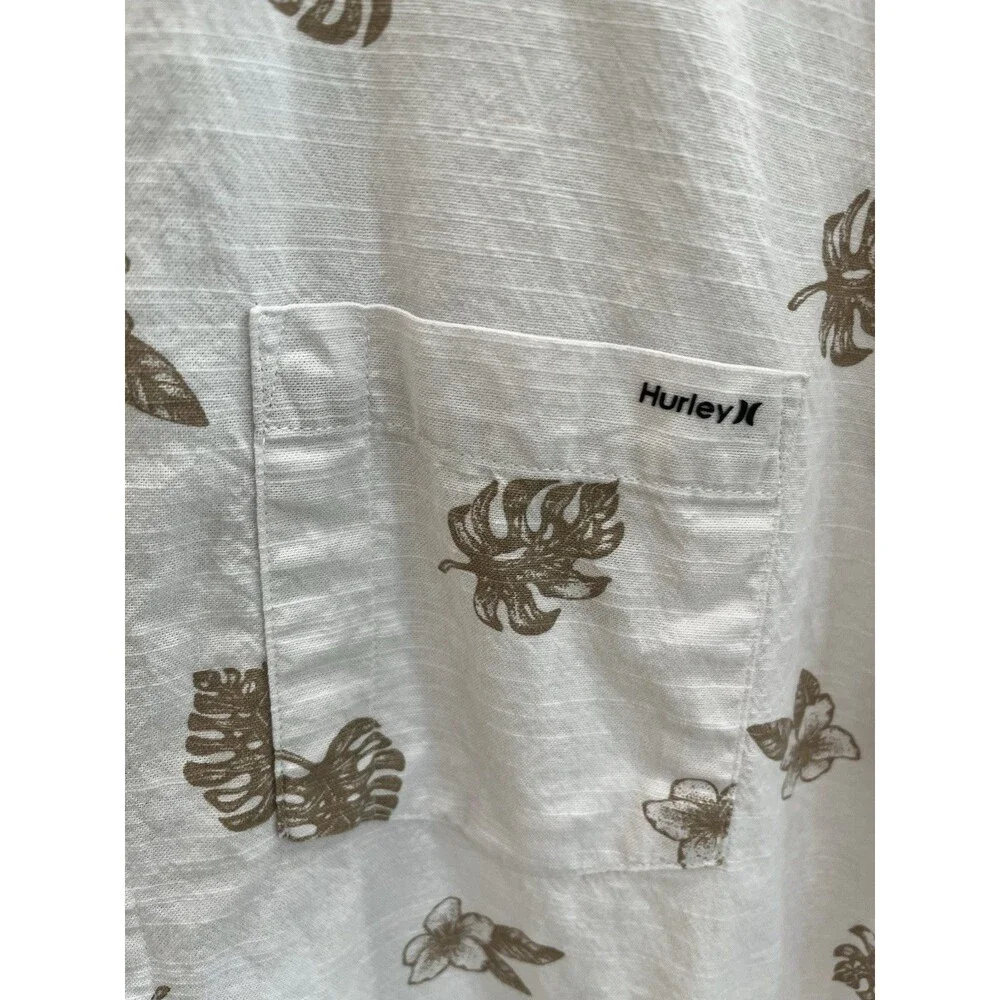 Hurley Men's Tropical Hawaiian Button Up Shirt White Brown Leaf Floral L